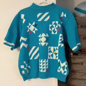 Vintage 80s Bay Club Teal Geometric Mockneck Short Sleeve Sweater Size Large